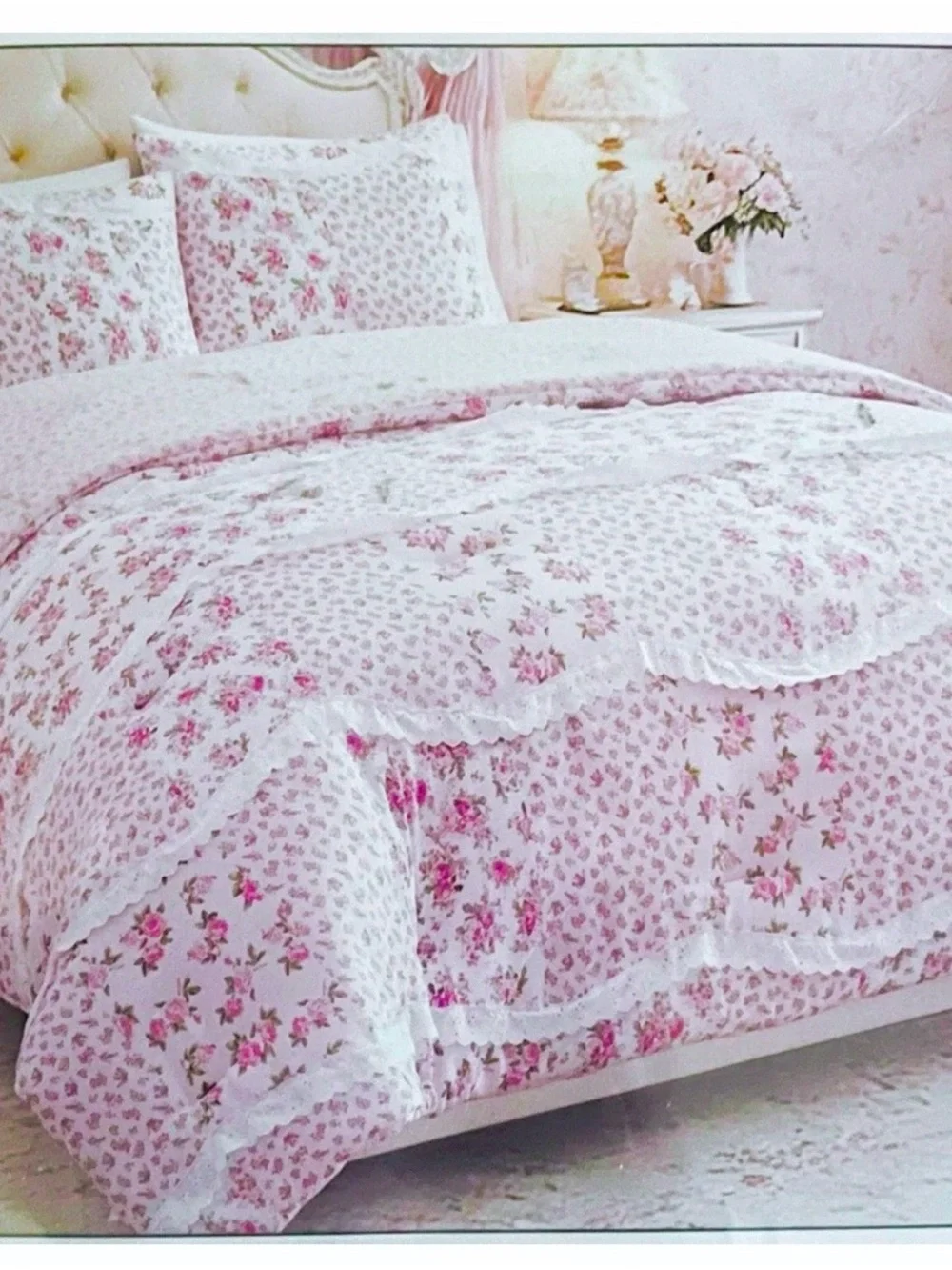 🆕- Shabby Chic 3 Piece Reversible Comforter Set - Pink White Floral, Queen Size